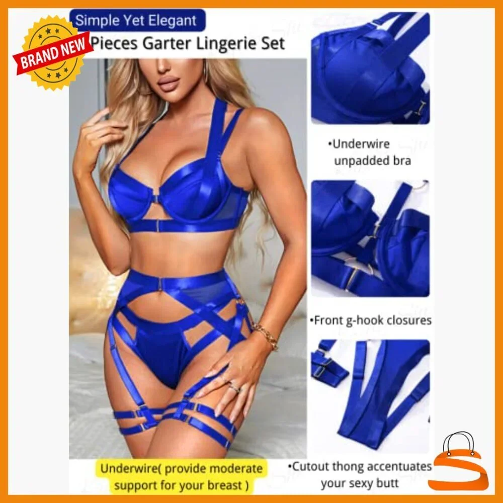 Adjustable Strappy Harness Lingerie Set, Underwire Racerback, 4pc Garter